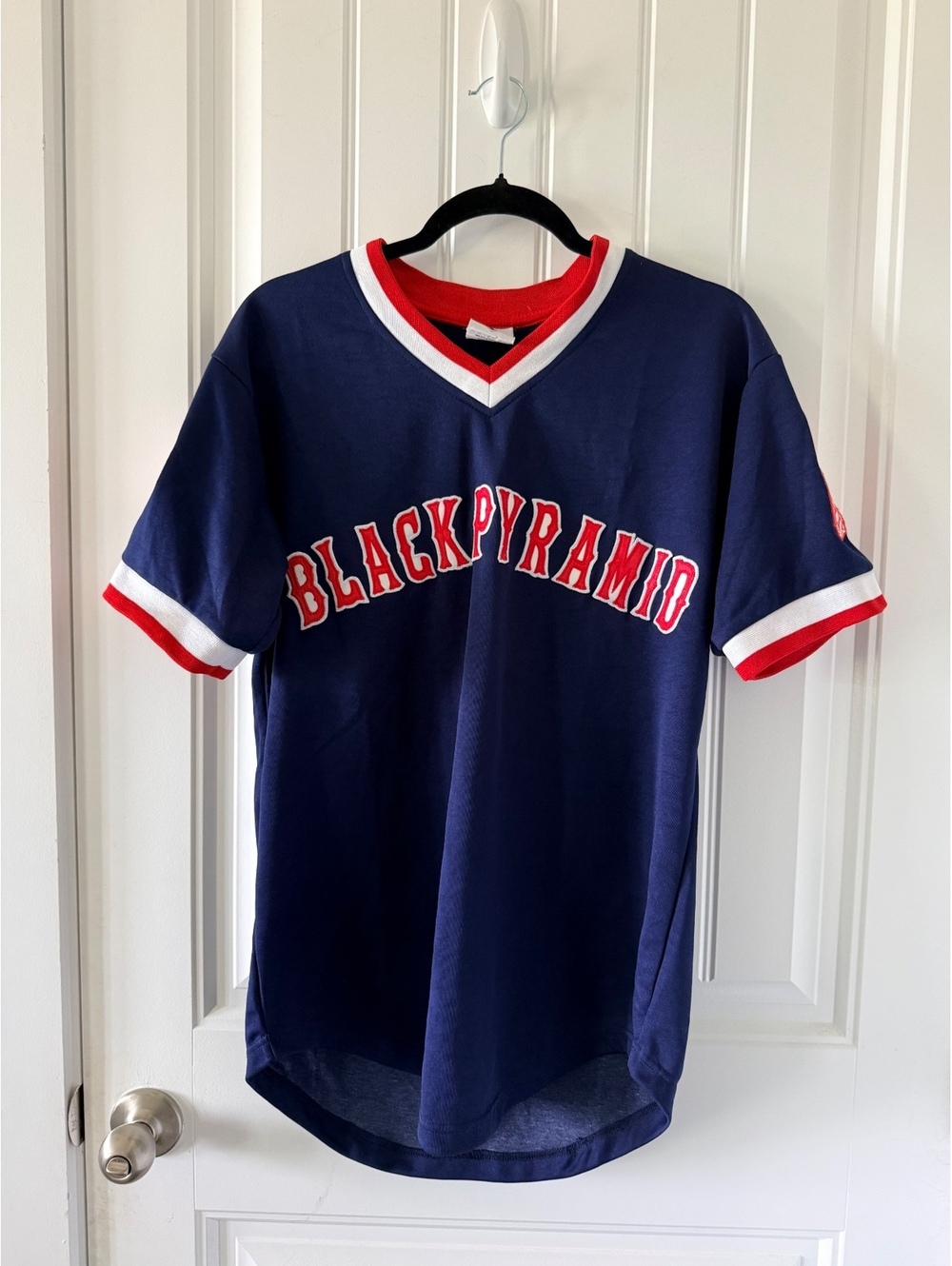 Black Pyramid Men's Navy Blue and Red V-Neck Jersey Shirt, S